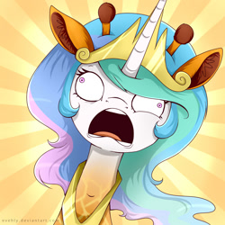 Size: 2000x2000 | Tagged: safe, artist:evehly, imported from derpibooru, princess celestia, giraffe, bust, derp, faic, giraffied, ossicones, solo, species swap, sunburst background, transformation, wat