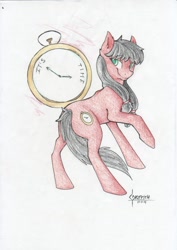 Size: 1024x1448 | Tagged: safe, artist:thelionmedal, imported from derpibooru, oc, oc only, oc:macdolia, earth pony, pony, pigtails, pocket watch, solo, traditional art