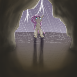 Size: 1080x1080 | Tagged: safe, artist:ebonytails, imported from derpibooru, fluttershy, cave, female, rain, solo