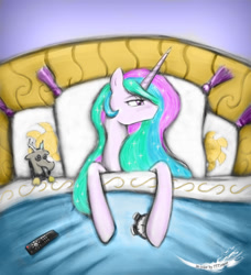 Size: 600x659 | Tagged: safe, artist:tttimon, imported from derpibooru, discord, princess celestia, alarm clock, bed, female, plushie, remote, solo