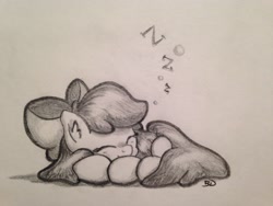 Size: 3264x2448 | Tagged: safe, artist:bobdude0, imported from derpibooru, apple bloom, earth pony, pony, adorabloom, cute, daaaaaaaaaaaw, eyes closed, female, filly, foal, prone, sleeping, smiling, solo, traditional art, zzz