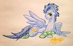 Size: 1024x643 | Tagged: safe, artist:bay-breeze, imported from derpibooru, soarin', backwards cutie mark, blushing, clothes, male, old cutie mark, on side, prone, side, socks, solo, striped socks, traditional art