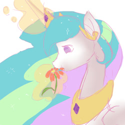 Size: 1000x1000 | Tagged: safe, artist:fikakorv, imported from derpibooru, princess celestia, :t, cute, cutelestia, eating, female, flower, herbivore, horses doing horse things, magic, nom, smiling, solo, telekinesis