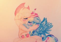 Size: 800x546 | Tagged: safe, artist:xxsharpixx, imported from derpibooru, applejack, rainbow dash, appledash, female, kissing, lesbian, shipping, traditional art