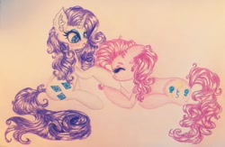 Size: 800x520 | Tagged: safe, artist:xxsharpixx, imported from derpibooru, pinkie pie, rarity, female, kissing, lesbian, raripie, shipping, traditional art