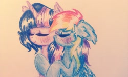 Size: 2592x1552 | Tagged: safe, artist:xxsharpixx, imported from derpibooru, rainbow dash, twilight sparkle, cheek kiss, female, kiss on the cheek, kissing, lesbian, shipping, traditional art, twidash