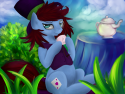 Size: 1024x768 | Tagged: safe, artist:anuhanele, artist:szopwmeloniku, imported from derpibooru, oc, oc only, bedroom eyes, card, clothes, collaboration, cup, digital art, fluffy, glass, hat, hoof hold, jug, lord, sitting, smiling, smirk, solo, table, tea, teacup, teapot, top hat