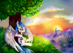 Size: 1023x744 | Tagged: safe, artist:szopwmeloniku, imported from derpibooru, oc, oc only, pegasus, pony, digital art, morning, sitting, solo, tree, under the tree