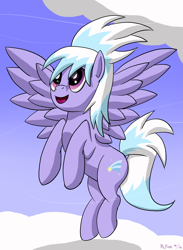 Size: 2323x3166 | Tagged: safe, artist:mcnum, imported from derpibooru, cloudchaser, cloud, cloudy, female, flying, smiling, solo, spread wings