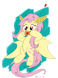 Size: 2309x3103 | Tagged: safe, artist:mcnum, imported from derpibooru, fluttershy, biting, fangs, female, flutterbat, juice box, solo, spread wings