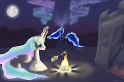 Size: 3700x2455 | Tagged: safe, artist:mcnum, imported from derpibooru, princess celestia, princess luna, aurora borealis, campfire, camping, licking lips, magic, marshmallow, missing accessory, moon, night, prone, stars, telekinesis, tongue out