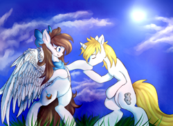 Size: 1024x744 | Tagged: safe, artist:szopwmeloniku, imported from derpibooru, oc, oc only, pegasus, pony, unicorn, bipedal, digital art, kissing