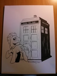 Size: 768x1024 | Tagged: safe, artist:brendahickey, imported from derpibooru, doctor whooves, time turner, black and white, doctor who, grayscale, male, necktie, solo, tardis, the doctor, traditional art