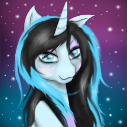 Size: 800x800 | Tagged: safe, artist:auroraswirls, imported from derpibooru, oc, oc only, oc:stardust stellar, pony, unicorn, abstract background, bust, eyeliner, female, makeup, mare, snow, solo