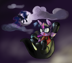 Size: 1202x1047 | Tagged: safe, artist:supermare, imported from derpibooru, princess luna, twilight sparkle, batman, moon, nightwing, robin, tim drake