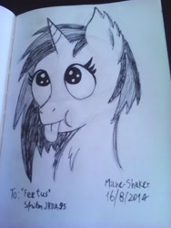 Size: 774x1032 | Tagged: safe, artist:mane-shaker, imported from derpibooru, dj pon-3, vinyl scratch, background pony, female, looking up, monochrome, solo, tongue out, traditional art