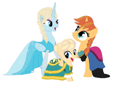 Size: 870x590 | Tagged: safe, artist:unoriginai, imported from derpibooru, oc, oc only, alicorn, pegasus, pony, unicorn, anna, clothes, dress, elsa, elsanna, female, filly, frozen (movie), goddamnit unoriginai, incest, lesbian, magical lesbian spawn, offspring, product of incest, shipping, wat