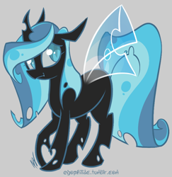 Size: 656x676 | Tagged: safe, artist:egophiliac, imported from derpibooru, oc, oc only, oc:imogen, changeling, changeling queen, moonstuck, blue, blue changeling, changeling oc, changeling queen oc, female, looking at you, smiling, solo