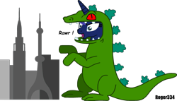 Size: 1833x1052 | Tagged: safe, artist:roger334, imported from derpibooru, princess luna, attack, city, crossover, dialogue, female, japan, parody, reptar, rugrats, simple background, solo, tokyo, transparent background, vector