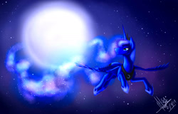 Size: 2217x1423 | Tagged: safe, artist:balck-angel, imported from derpibooru, princess luna, alicorn, pony, crown, ethereal mane, female, flying, full moon, jewelry, looking back, mare, moon, night, night sky, regalia, signature, sky, solo, spread wings, starry mane, starry night, stars, wings