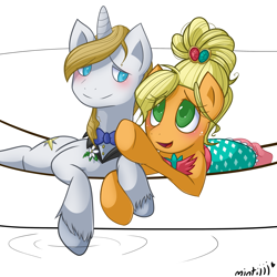 Size: 3000x3000 | Tagged: safe, artist:mimtii, imported from derpibooru, applejack, prince blueblood, applejewel, bluejack, blushing, clothes, cute, dress, female, looking up, male, pointing, prone, shipping, straight, water