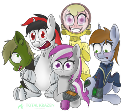 Size: 1024x915 | Tagged: safe, artist:allyster-black, imported from derpibooru, oc, oc only, oc:blackjack, oc:hired gun, oc:littlepip, oc:murky, oc:puppysmiles, cyborg, earth pony, pony, unicorn, fallout equestria, fallout equestria: heroes, fallout equestria: murky number seven, fallout equestria: pink eyes, fallout equestria: project horizons, amputee, blushing, clothes, cybernetic legs, fallout, fanfic, fanfic art, female, filly, foal, group, hazmat suit, hooves, horn, jumpsuit, male, mare, open mouth, pipbuck, simple background, smiling, stallion, transparent background, vault suit