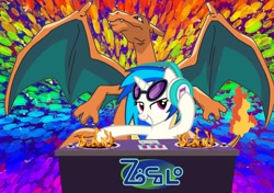 Size: 1164x818 | Tagged: safe, imported from derpibooru, dj pon-3, vinyl scratch, charizard, clusterfuck, drop the bass, fire, jesse nowack, jontron thread, nowacking, photoshop, pokémon, pokémon the bridged series, voice actor joke