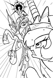 Size: 600x877 | Tagged: safe, artist:yewdee, imported from derpibooru, princess celestia, queen chrysalis, angry, fight, gritted teeth, lineart, magic, monochrome, snorting, traditional art