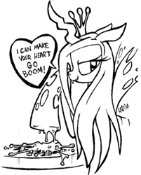 Size: 250x311 | Tagged: safe, artist:yewdee, imported from derpibooru, queen chrysalis, female, heart, looking at you, messy, monochrome, sketch, solo