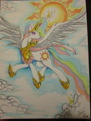 Size: 3177x4233 | Tagged: safe, artist:aerolp, artist:aerostoner, imported from derpibooru, princess celestia, armor, female, flying, glowing horn, magic, solo, spread wings, sun, traditional art