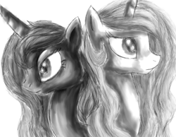 Size: 900x700 | Tagged: safe, artist:silvy-fret, imported from derpibooru, princess celestia, princess luna, back to back, grayscale, monochrome, simple background, sketch