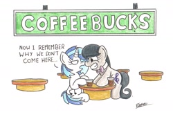Size: 2016x1363 | Tagged: safe, artist:bobthedalek, imported from derpibooru, octavia melody, vinyl scratch, earth pony, pony, unicorn, backwards cutie mark, boop, caffeine, coffee, duo, eye contact, female, frown, grin, hyperactive, hypertavia, nose wrinkle, noseboop, smiling, starbucks, unamused, vinyl is not amused, vinyl scratch is not amused, wide eyes