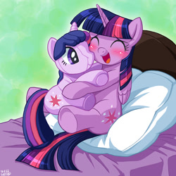 Size: 967x967 | Tagged: safe, artist:uotapo, imported from derpibooru, twilight sparkle, alicorn, pony, unicorn, 4de, bed, blushing, cute, eyes closed, female, happy, hug, mare, narcissism, nuzzling, open mouth, pillow, plushie, self plushidox, sitting, smiling, solo, twiabetes, twidoll, twilight sparkle (alicorn), twilight sparkle plushie, underhoof, unicorn twilight, uotapo is trying to murder us, weapons-grade cute