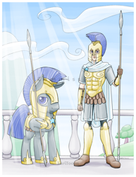 Size: 696x900 | Tagged: safe, artist:taritoons, imported from derpibooru, oc, oc only, oc:steadfast, human, armor, balcony, cape, clothes, human ponidox, humanized, royal guard, self ponidox, spear