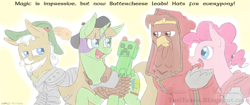 Size: 1024x430 | Tagged: safe, artist:taritoons, imported from derpibooru, apple strudel, pinkie pie, oc, oc:buttercheese, oc:thunder riff, adventuring party, apple family member, baldur's gate, crossover, dungeons and dragons, edwin, forgotten realms, minsc