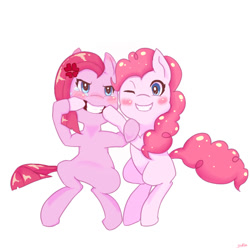 Size: 800x800 | Tagged: safe, artist:yuka1, imported from derpibooru, pinkie pie, angry, duality, female, forced smile, pinkamena diane pie, pixiv, smiling, solo