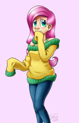 Size: 1926x3000 | Tagged: safe, artist:saymanhd, imported from derpibooru, fluttershy, human, bra strap, clothes, female, green underwear, humanized, solo, sweater, sweatershy, underwear