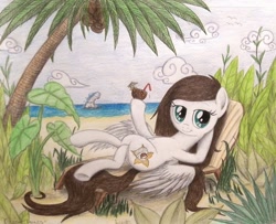 Size: 992x805 | Tagged: safe, artist:thefriendlyelephant, imported from derpibooru, oc, oc only, oc:coconut cake, elephant, pegasus, pony, beach, coconut, elephant ear plant, ocean, plants, relaxing, traditional art, tree, tropical