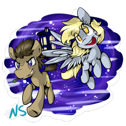 Size: 2800x2800 | Tagged: safe, artist:nekosnicker, imported from derpibooru, derpy hooves, doctor whooves, time turner, pegasus, pony, doctor who, female, mare, mouth hold, smiling, smirk, sonic screwdriver, space, stars, tardis