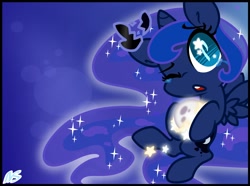 Size: 1888x1408 | Tagged: safe, artist:nekosnicker, imported from derpibooru, princess luna, female, moon, solo, stars, tangible heavenly object, wink