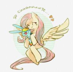 Size: 1284x1265 | Tagged: safe, artist:3cca, imported from derpibooru, fluttershy, rainbow dash, anatomically incorrect, annoyed, bunnified, cute, eyes closed, heart, incorrect leg anatomy, nuzzling, pixiv, smiling, spread wings, sweatdrop, wink