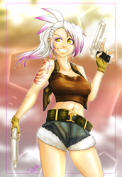 Size: 2000x2900 | Tagged: safe, artist:ereb-tauramandil, imported from derpibooru, gilda, human, ask-radical-gilda, belly button, beretta, beretta 92fs, black lagoon, cosplay, gun, humanized, marÿke hendrikse, midriff, pistol, revy, solo, trigger discipline, voice actor joke