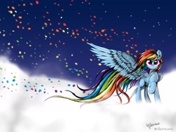 Size: 2048x1536 | Tagged: safe, artist:altohearts, imported from derpibooru, rainbow dash, cloud, cloudy, female, long mane, long tail, solo, windswept mane