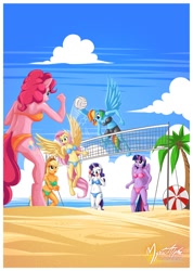 Size: 988x1384 | Tagged: safe, artist:mysticalpha, imported from derpibooru, applejack, fluttershy, pinkie pie, rainbow dash, rarity, twilight sparkle, anthro, unguligrade anthro, applying makeup, beach, belly button, bikini, blue swimsuit, clothes, green swimsuit, makeup, mane six, palm tree, red swimsuit, sand, swimsuit, tree, twilight sparkle (alicorn), volleyball