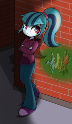 Size: 2000x3450 | Tagged: safe, artist:lightningnickel, imported from derpibooru, sonata dusk, equestria girls, alley, alleyway, clothes, cute, female, gem, graffiti, hoodie, ponytail, siren gem, solo, sonatabetes