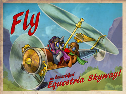 Size: 1724x1290 | Tagged: safe, artist:harwick, idw, imported from derpibooru, applejack, rarity, spoiler:comic, spoiler:comicff8, autogyro, flying contraption, gyro-flyer, helicopter, pilotjack, plane, postcard, steampunk, that was fast, united airlines