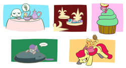 Size: 800x436 | Tagged: safe, artist:flutterluv, imported from derpibooru, angel bunny, apple bloom, applejack, boulder (pet), discord, fluttershy, maud pie, pinkie pie, princess celestia, applejack riding apple bloom, appletini, boulder (g4), cupcake, cute, cutelestia, micro, pictogram, ponies riding ponies, riding, sleeping, tea