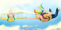 Size: 2400x1200 | Tagged: safe, artist:captainpudgemuffin, imported from derpibooru, fluttershy, rainbow dash, human, air ponyville, falling, holding hands, humanized, parachute, skydiving