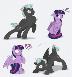 Size: 1280x1387 | Tagged: safe, artist:ravenpuff, imported from derpibooru, thunderlane, twilight sparkle, alicorn, pegasus, pony, :o, :t, behaving like a bird, blushing, chest fluff, confused, courtship, cute, dancing, exclamation point, eyes on the prize, face down ass up, female, floppy ears, fluffy, funny, gray background, gritted teeth, heart, interrobang, lip bite, looking back, male, mare, mating dance, open mouth, peacocking, pose, puffy cheeks, question mark, raised hoof, shipping, shrunken pupils, simple background, spread wings, straight, thunderbetes, twilane, twilight sparkle (alicorn), wide eyes, wingboner