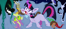 Size: 1280x571 | Tagged: safe, artist:sugaryboogary, imported from derpibooru, discord, nightmare moon, queen chrysalis, spike, twilight sparkle